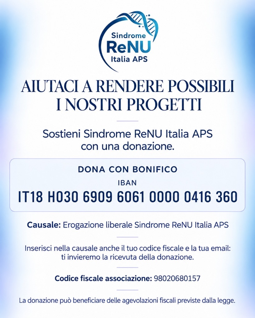 Donation flyer – Sindrome ReNU Italia APS: IBAN IT18H0306909606100000416360